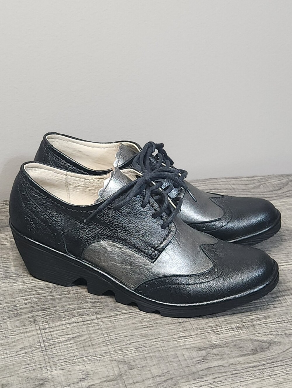 Fly London Women's Black and Silver Lace-Up Wedge Oxfords Size 39